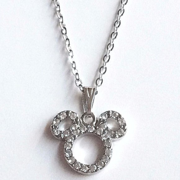 Disney Mickey Mouse Ears Necklace Disneyana Crystal Silver Plated 19" Signed - Picture 4 of 9